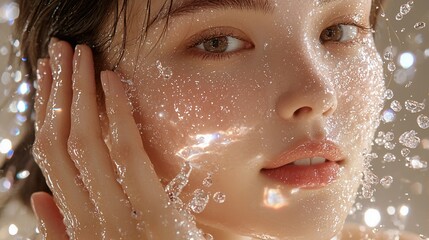 Close-up of woman's face with water droplets.