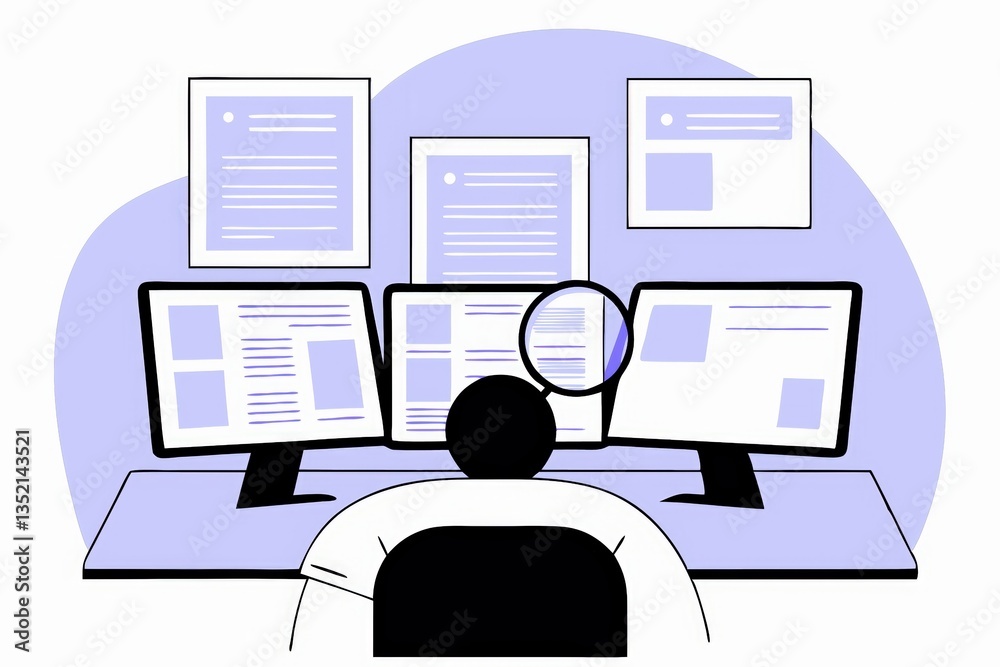 Poster a person sits at a desk with multiple computer screens displaying documents, highlighting a focus on