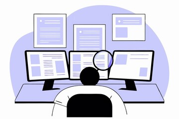 A person sits at a desk with multiple computer screens displaying documents, highlighting a focus on research or data analysis.