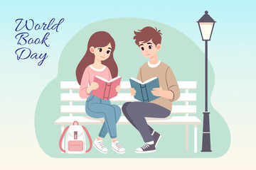 World Book Day. World Book Day Celebration with two people reading on a park bench, soft pastel colors, and a tranquil atmosphere.