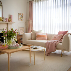 The interior design of a spring living room features a sofa, furniture, tulips-adorned vase, easter decorations, pillows, and personal accessories, perfect for home decor during Easter holidays.