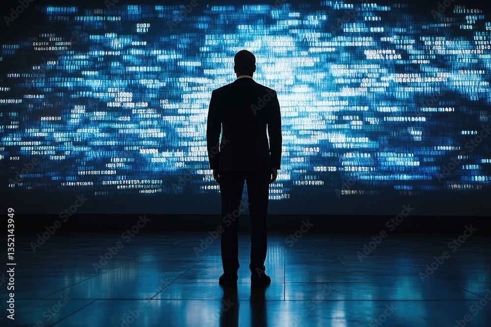 Fototapete A businessman stands before a large screen displaying a stream of blue digital code, symbolizing the digital age and data processing.