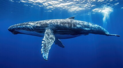 Naklejka premium A majestic blue whale swimming peacefully through the vast open ocean.
