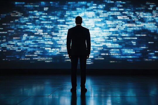 A businessman stands before a large screen displaying a stream of blue digital code, symbolizing the digital age and data processing. - Powered by Adobe