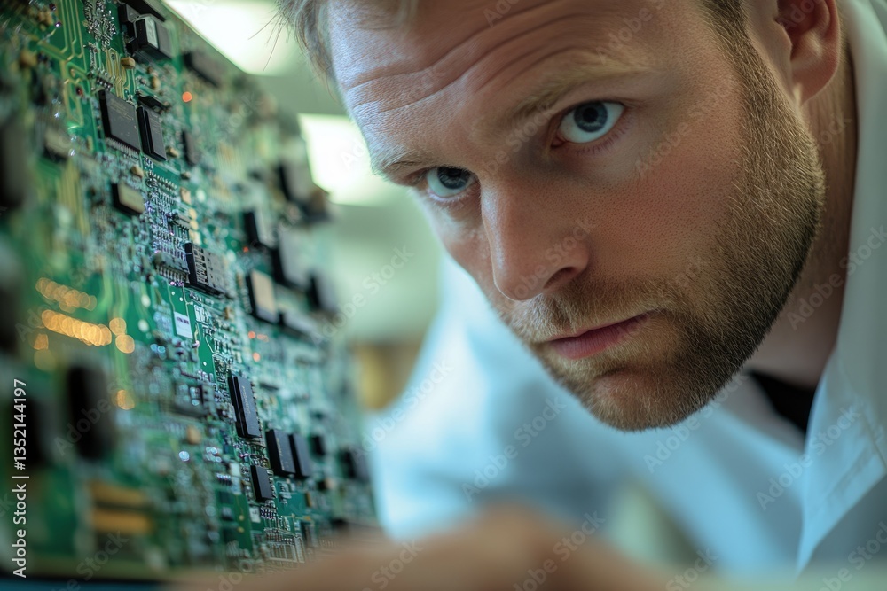 Poster a focused engineer meticulously examines a complex circuit board, intensely scrutinizing its intrica