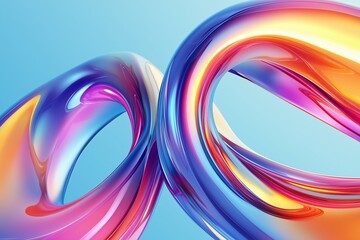Colorful glossy abstract 3D loop design with smooth curves and interwoven shapes in vibrant shades of blue, pink, orange, and yellow on a light blue gradient background. Perfect for modern design