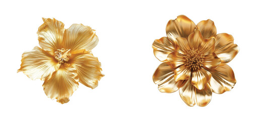Gold textured flower sculptures with intricate petals and unique center details