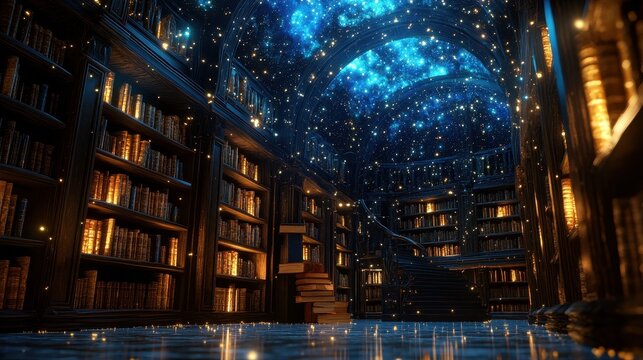 A magical library with a celestial starry night sky above
