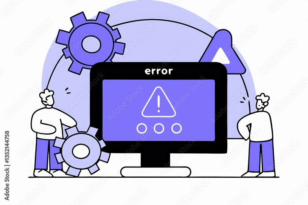 Poster a graphic depicting two individuals next to a computer displaying an error message, surrounded by ge