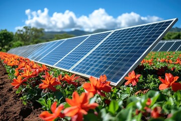 Solar panels amidst vibrant orange flowers under a bright sky