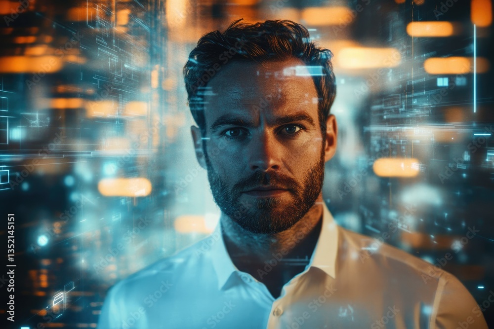 Poster a man's face superimposed on a digital background, symbolizing technological integration and innovat