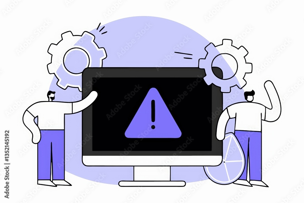 Poster a digital illustration of two characters beside a computer screen displaying a warning sign, with ge