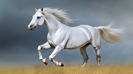 A majestic white stallion galloping across an open field, its mane flowing in the wind.