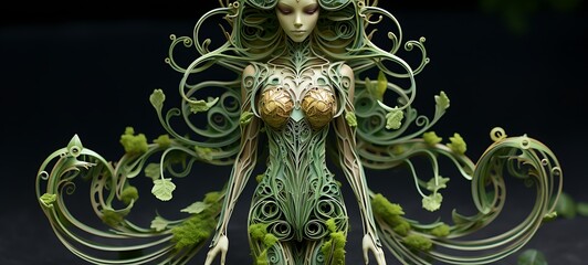 Paper quilling Spinach Dryad Nano Robot full body in a sea of diamonds, ai generative