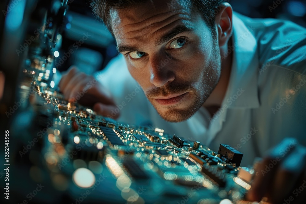 Aufkleber Focused engineer meticulously examining intricate circuit board components.
