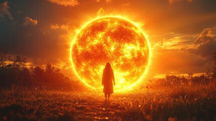 Solitary figure facing immense, fiery celestial body