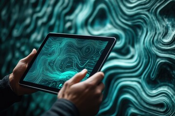 Person examining a digital topographic map on a tablet, showcasing intricate contour lines.