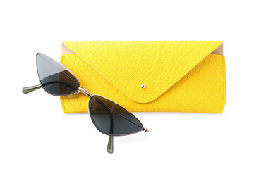 One yellow case and sunglasses isolated on white, top view
