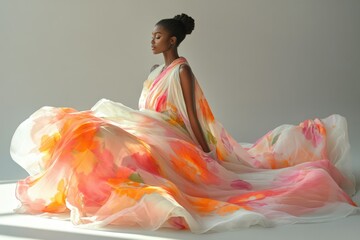 A Black woman in a flowing, floral, peach and orange chiffon gown, sitting serenely.