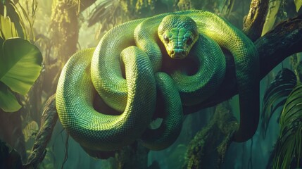 Fototapeta premium A neon-green tree python coiled around a branch, its scales catching the dappled sunlight.