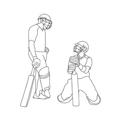 Dynamic Cricket Sport, One Line Drawing of Cricketer in Action. Two batsman line drawing illustration. hand drawn continuous one line cartoon doodle sketch drawing clip art of cricketer. Partnership