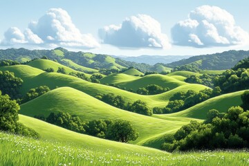 Vibrant rolling flower hills with lush greenery, fluffy clouds, and scattered flowers create serene landscape. Concept of rolling flower hills evokes tranquility and natural beauty.