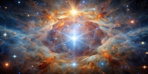 Obraz premium A massive star at the center of a dense stellar nursery with numerous protostars and molecular clouds surrounding it , cosmos