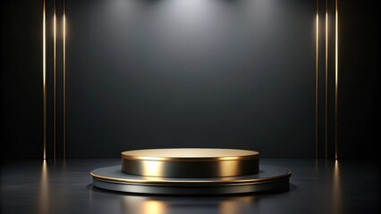 Empty Black Gold Podium Stage With Luxury Pedestal For Product Display On Dark Backdrop, minimalist stage setup, gold podium