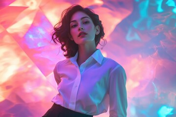 A young woman with short brown hair, wearing a white shirt and black skirt, poses against a vibrant, iridescent backdrop.