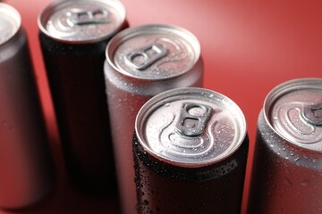 Many aluminium cans of beverage on red background, closeup