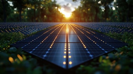 Sunlit solar panels in a lush green landscape, a path towards a brighter future