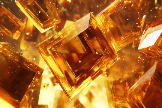 Transparent crystalline shapes appear to float and glitter in golden light