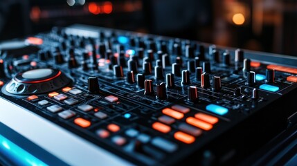 Close-Up View of Professional DJ Controller with Colorful Lights