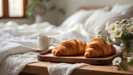 A cozy breakfast scene in bed with a cup of coffee and fresh French croissants, offering a peaceful and relaxing morning moment