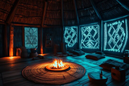Cinematic view of a communal hut interior with glowing tribal art and central fire pit