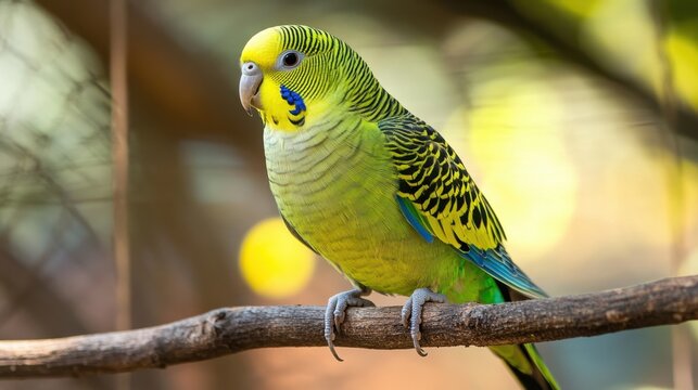 A parakeet sitting on a branch inside a bright, vibrant aviary.