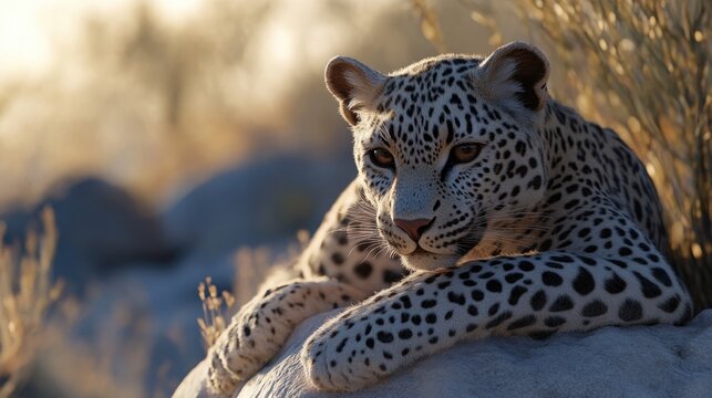 A Persian leopard resting on a high rock, its patterned fur blending into the dry terrain.