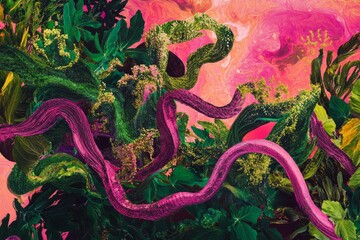 Obraz premium Vibrant tropical surreal collage with lush greenery and pink vines