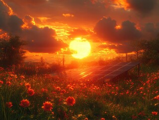 Vibrant sunset over a field of red flowers with solar panels
