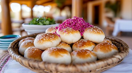 Basket of Freshly Baked Rolls with a Pink Floral Topping for Brunch
