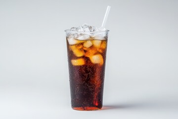 A refreshing beverage of cola with ice cubes in a glass