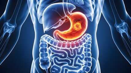 An illustrative editorial content piece depicting the human digestive system. A highlighted stomach shows detail around ulcer or stomach cancer conditions.