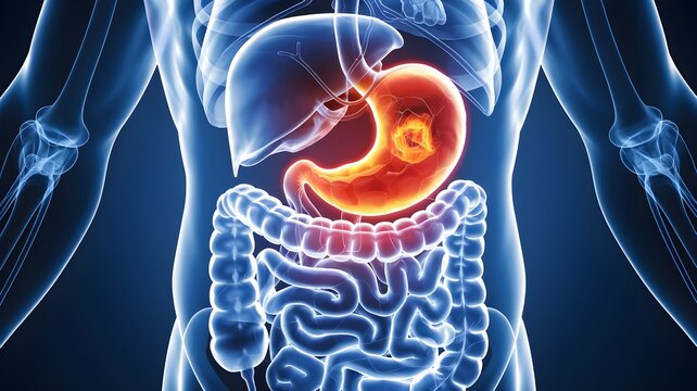 An illustrative editorial content piece depicting the human digestive system. A highlighted stomach shows detail around ulcer or stomach cancer conditions.