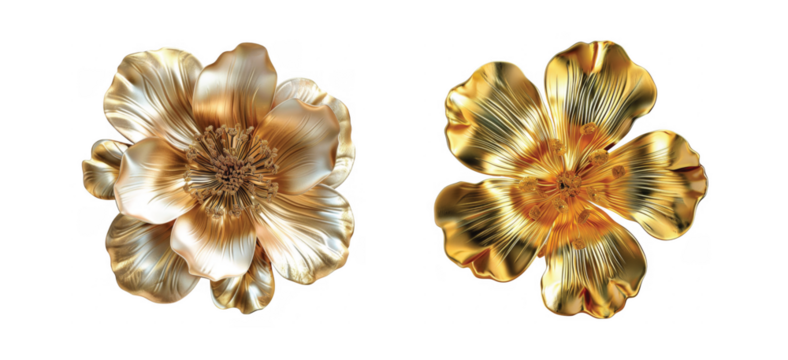 Shiny metallic flowers display artistic reflective gold petals with elegant curved silhouettes