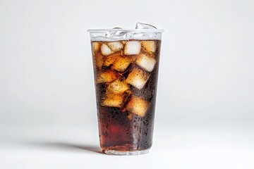 A clear plastic cup filled with cold dark soda and ice