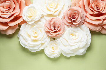 Beautiful paper flowers on light green background, flat lay