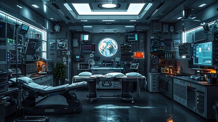 Highly detailed digital illustration of a futuristic operation room filled with advanced medical and research equipment.