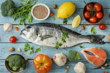 Overhead view of a fish surrounded by vegetables nuts herbs and lemon on wood