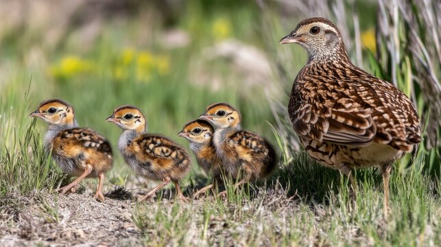 A quail family walking through tall grass, their tiny chicks closely following behind.