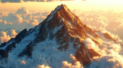 A majestic mountain peak rises above the fluffy white cloud cover